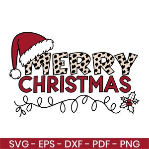 Könnte beinhalten: Eine rot-weiße Weihnachtsmütze mit einem Leopardenmuster-Text "Frohe Weihnachten" und einem Stechpalmenzweig mit roten Beeren.