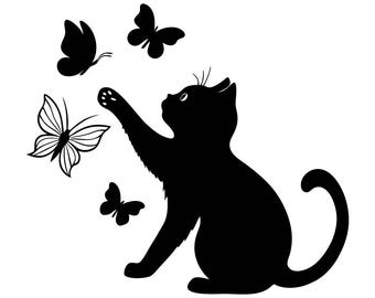 Cat With Butterfly SVG, Cat Svg Files, Kitten Playing Svg, Cat And Butterflies Clipart, Cute Cat Design, Svg Eps Png Pdf Dxf Files