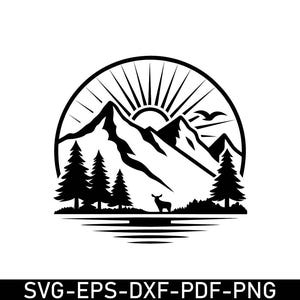 May include: Black and white silhouette of a mountain range with a sun rising behind it. There are trees in the foreground and a deer standing in the water.