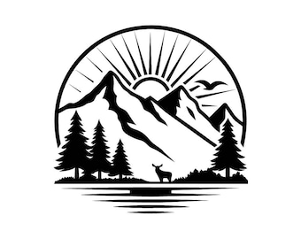 Mountain Forest Monogram Svg, Split Name Frame Svg, Sun Lake Svg Design, Outdoor Nature Svg, Mountains Svg, Forest Svg,  Png, Eps, Dxf, Pdf