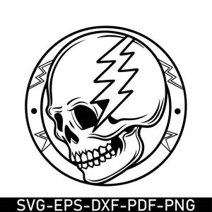 May include: Black and white graphic of a skull with a lightning bolt on the right side of the head, inside a circular frame. The frame has a decorative pattern. The text "SVG-EPS-DXF-PDF-PNG" is at the bottom.