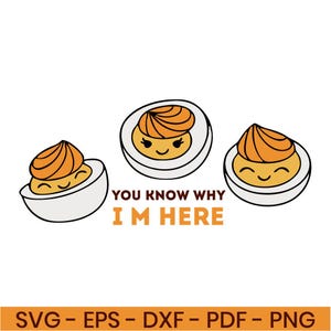 Könnte beinhalten: Drei animierte, teuflische Eier mit lächelnden Gesichtern. Der Text "You know why I'm here" befindet sich unter den Eiern.