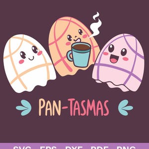 Könnte beinhalten: Drei animierte Pan de Muerto, ein traditionelles mexikanisches süßes Brot, sind als Geister dargestellt. Einer hält eine blaue Tasse Kaffee. Der Text "PAN-TASMAS" befindet sich unter den Geistern.