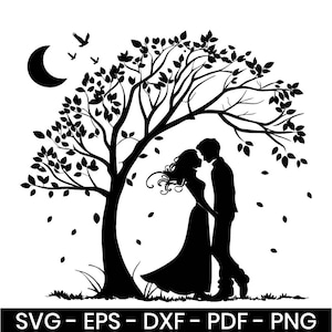 May include: A black and white silhouette of a couple embracing under a tree, with a crescent moon and birds in the sky. The image includes the text "SVG - EPS - DXF - PDF - PNG".