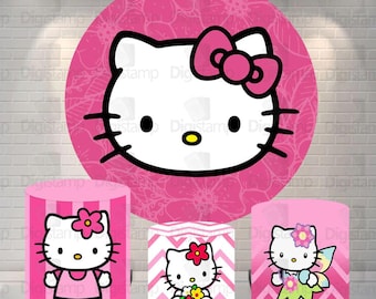 Kawaii Kitty Birthday Party Supplies Backdrop Cylinders Cover Happy Birthday Backdrop for Kawaii Theme Party, Cute Kitty Photography
