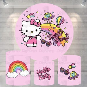Kawaii Kitty Birthday Party Supplies (1 Backdrop + 3 cylinders Cover) Happy Birthday Backdrop for Kawaii Theme Party, Cute Kitty Photography