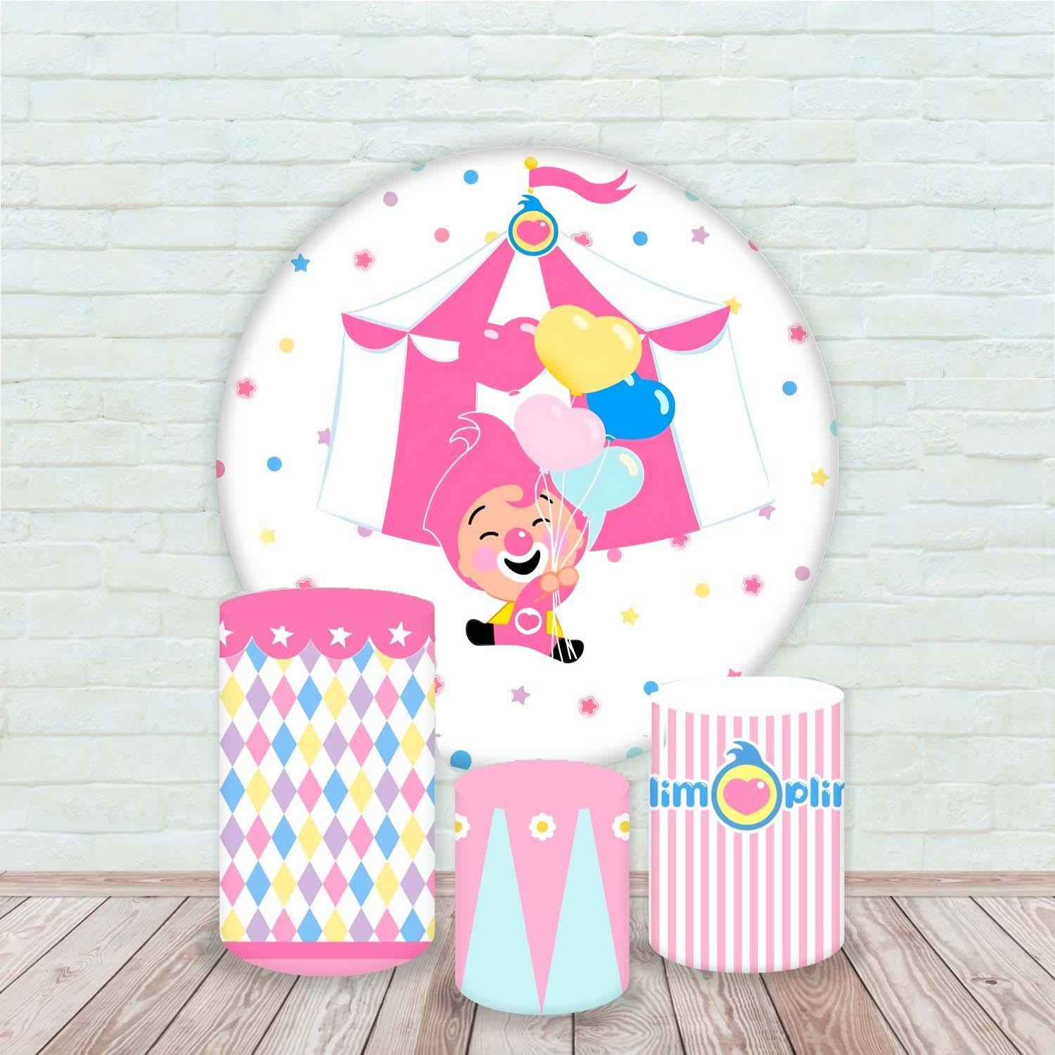 Circus Clown Girls Backdrop and 3 cylinders Cover (4 pieces) Arch Backdrop Cover Photo Photography Background Cylinder Cover Cartoon