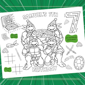 May include: A black and white activity sheet titled SAMUEL'S 7TH BIRTHDAY featuring four cartoon turtles wearing party hats, holding a pizza. Includes a connect-the-dots pizza box, a number 7 maze, tic-tac-toe grids, and pizza slice search game.