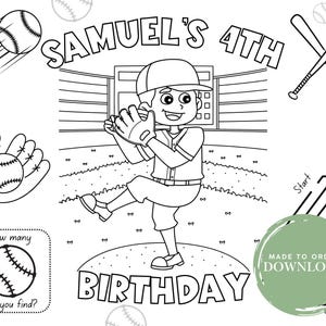 Personalized Birthday Activity Coloring Page | Baseball Birthday Coloring Placemat | Printable Custom Coloring Placemat | DIY Party Favor