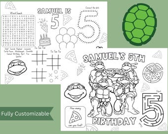 Turtle Birthday Coloring Page | Kids Birthday Coloring Placemat | Printable Custom Coloring Placemat | DIY Party Favor