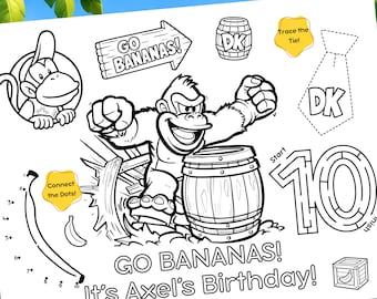 May include: A black and white activity sheet featuring Donkey Kong, a barrel, a banana connect-the-dots game, a maze shaped like the number 10, and a tie to trace. Text includes GO BANANAS!, DK, Trace the Tie!, Connect the Dots!, and It's Axel's Birthday!