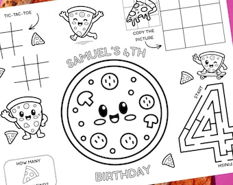 Jogo Americano para Atividades de Festa de Pizza para Imprimir | Desenhos para Colorir e Jogos de Aniversário Infantil | Labirinto, Jogo da Velha, Caça-Palavras, Atividades com Pizza | Download Instantâneo