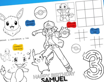 Poke Birthday Coloring Placemat | Kids Party Activity | Personalized Kids Party Favor | Personalized Coloring Activity Page