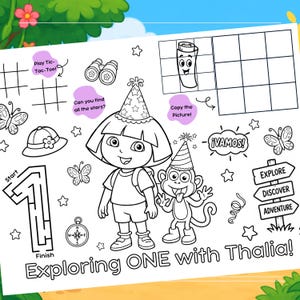 May include: A black and white activity sheet featuring a cartoon girl and monkey wearing party hats, surrounded by a maze, tic-tac-toe grid, butterflies, binoculars, a compass, and signs labeled Explore, Discover, Adventure, with the text Exploring ONE with Thalia!