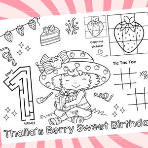 May include: Black and white coloring page with a strawberry theme. Features a maze, tic-tac-toe, and a character wearing a hat with strawberries. Text reads "Thalia's Berry Sweet Birthday".