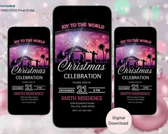May include: Three smartphones displaying a Christmas Celebration invitation. The design features a silhouette nativity scene under a starry sky with the text "Joy to the World" and event details. The invitation is a digital download.