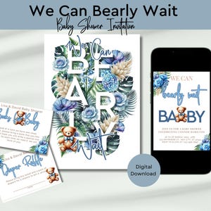 We Can Bearly Wait Baby Shower Invitation | Teddy Bear Baby Shower Invite | Blue & Neutral Floral Baby Shower | Digital Download