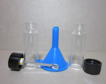 Two Mini Clear Glass Sweetener Dispenser Jars with ONE Spoon and a Funnel
