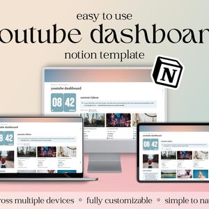 Könnte beinhalten: Ein Screenshot eines Computerbildschirms, der ein YouTube-Dashboard-Template für Notion zeigt. Das Template ist einfach zu bedienen und anpassbar. Es verfügt über einen Zähler mit den Zahlen 08 42, einen Bereich für aktuelle Videos und einen Bereich für kürzlich angesehene Videos. Das Template ist für die Verwendung auf mehreren Geräten konzipiert.
