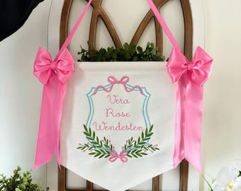 Custom Baby Banner with beautiful floral crest, welcome banner, welcome door sign, nursery decor, baby shower