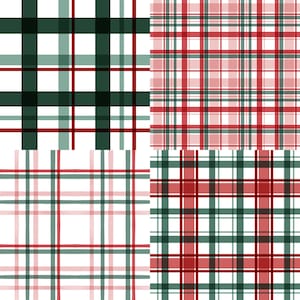 May include: Four different plaid patterns in a square format. The patterns feature a combination of red, green, and white lines. The lines intersect to create a grid-like design, with varying widths and spacing. The overall aesthetic is festive and suitable for holiday-themed products.