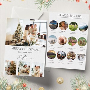Anpassbare Jahresrückblick Weihnachtskartenvorlage, festliches Design | Druckbare Kreis Urlaub Collage, Urlaub Newsletter Foto, Weihnachten