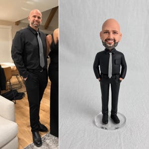 May include: A custom bobblehead figurine depicting a bald person with a beard, wearing a black long-sleeved button-down shirt, a light gray necktie, and black trousers. The figure stands on a clear circular base with hands in pockets.