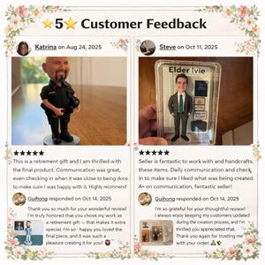 May include: A customer feedback graphic featuring two five-star reviews. The left shows a custom bobblehead of a person in a black uniform. The right shows a bobblehead of a person in a suit labeled Elder Ivie in a clear plastic display case.