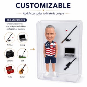 May include: A customizable bobblehead figure wearing a sleeveless shirt with a red, white, and blue flag pattern and dark blue shorts. The figure is displayed in a clear case alongside miniature accessories including a fishing rod, laptop, and rifle.