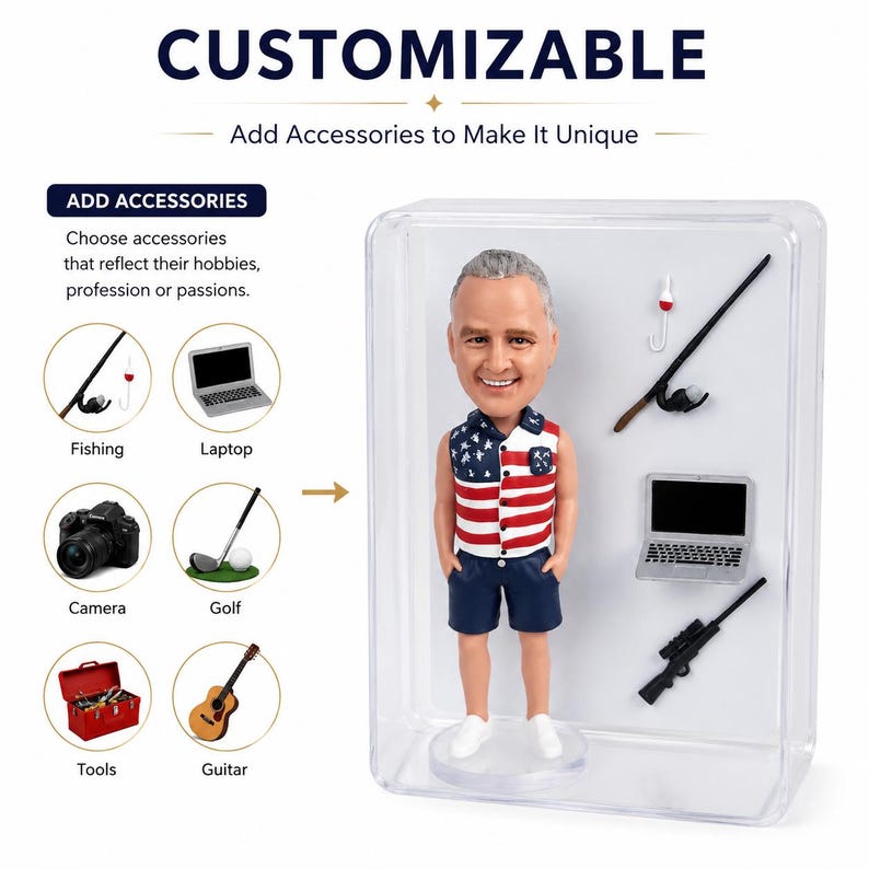May include: A customizable bobblehead figure wearing a sleeveless shirt with a red, white, and blue flag pattern and dark blue shorts. The figure is displayed in a clear case alongside miniature accessories including a fishing rod, laptop, and rifle.