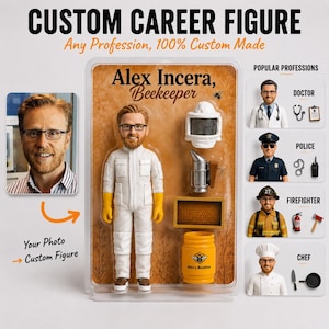 Może przedstawiać: Personalizowana figurka w opakowaniu typu blister z napisem Alex Incera, Beekeeper, przedstawiająca brodatą postać w białym kombinezonie z żółtymi rękawicami, welonem pszczelarskim, podkurzaczem, ramką z plastrem miodu i żółtym słoikiem miodu.