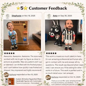 May include: A customer feedback graphic featuring two custom bobblehead figurines. One figurine wears a blue patterned wrestling outfit, the other a black and white striped soccer jersey next to a black donkey statue. Text includes 5 stars and reviews.