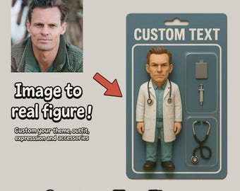 May include: A custom toy figure of a doctor in a white lab coat and blue scrubs, packaged in a blue blister card with the text CUSTOM TEXT. Accessories include a gray clipboard, a syringe, and a black stethoscope, all encased in plastic.
