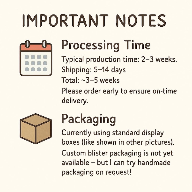 May include: An informational graphic titled IMPORTANT NOTES with two sections. The first section features a calendar icon and text regarding production and shipping timelines. The second section features a brown cube icon and text about packaging.