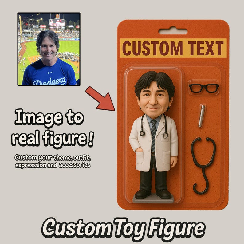 May include: A custom toy figure in orange blister packaging featuring a male doctor in a white lab coat, dark trousers, and a tie. Accessories include black-rimmed glasses, a silver pen, and a black stethoscope. The header reads CUSTOM TEXT.