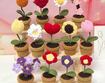 ミニ手作り植木鉢、3つ買うと1つ無料、鉢の中のかぎ針編みの花、かぎ針