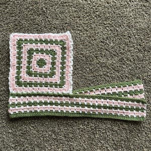 Crochet Scoodie - Scarf and Hood - Pink & Green with Scalloped Edges