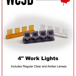 May include: Image of model parts labeled "WC3D Scale Model Parts." The image shows three sets of work lights, including amber and clear lenses. The text reads "4" Work Lights" and "Includes Regular Clear and Amber Lenses." The scale is 1/25 and 1/24.