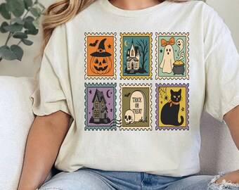 Retro Halloween Stamps PNG: Spooky Cat, Ghost, Haunted House Clipart (Digital Download)