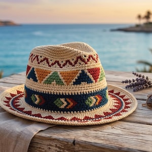 May include: A beige crocheted fedora hat featuring a multi-colored geometric pattern in red, orange, blue, and green. The hat has a wide brim with a red zigzag border and a dark blue band around the crown, decorated with repeating colorful shapes.