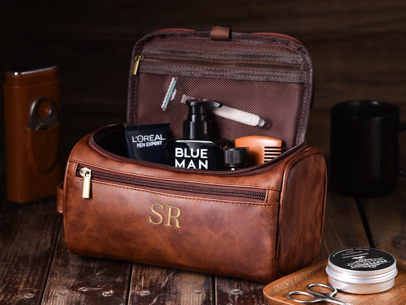 Personalized Leather Toiletry Bag, Embroidered Dopp Kit for Men, Groomsmen Gift, Valentine’s Day Gift for Him, Travel Wash Bag image 1