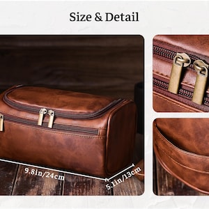May include: Brown leather toiletry bag with dual zippers and gold-colored pulls. The bag is 9.8 inches long, 5.1 inches wide, and 5.1 inches tall. The bag has a rectangular shape with a curved top and is designed for travel.