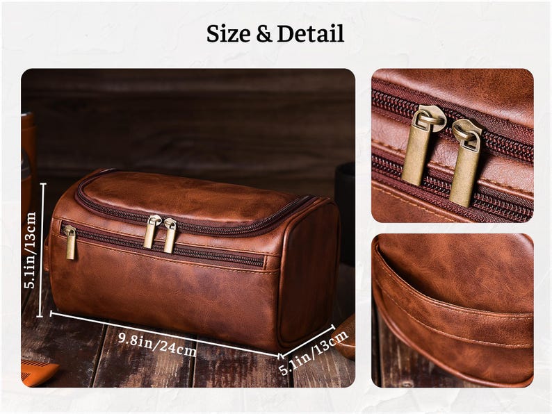 May include: Brown leather toiletry bag with dual zippers and gold-colored pulls. The bag is 9.8 inches long, 5.1 inches wide, and 5.1 inches tall. The bag has a rectangular shape with a curved top and is designed for travel.