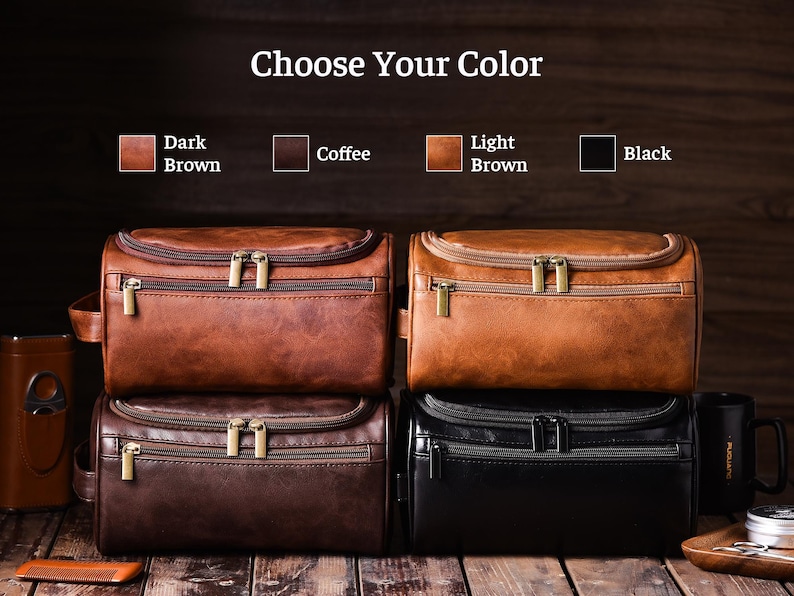 May include: Four leather toiletry bags in dark brown, coffee, light brown, and black. Each bag has a zippered main compartment and a front zippered pocket. The text "Choose Your Color" is at the top of the image.