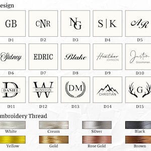 May include: Image showcasing design options for embroidery, including initials, names, and monograms. Features a variety of fonts and styles, with options for thread colors such as white, cream, silver, black, yellow, gold, rose gold, and brown.