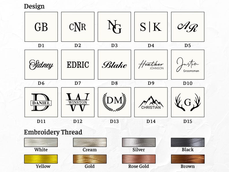 May include: Image showcasing design options for embroidery, including initials, names, and monograms. Features a variety of fonts and styles, with options for thread colors such as white, cream, silver, black, yellow, gold, rose gold, and brown.