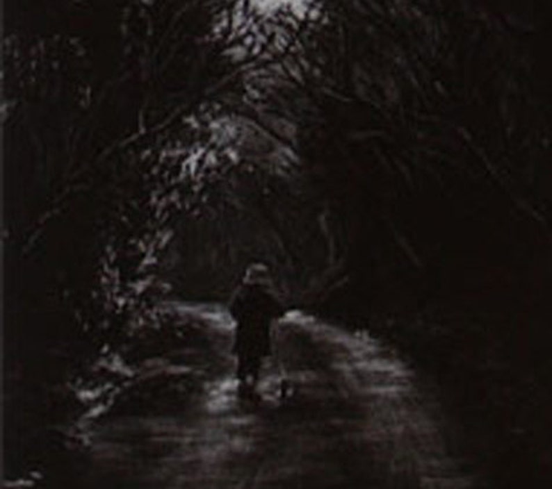 Original art print Through The Woods Mezzotint Little child with scooter walking through woods Landscape picture unframed or framed