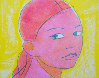 Original Monoprint by Neil Coombs 2016 Seated Woman and Frog Hand made unique print unframed Monotype Signed and Dated Orange and Black
