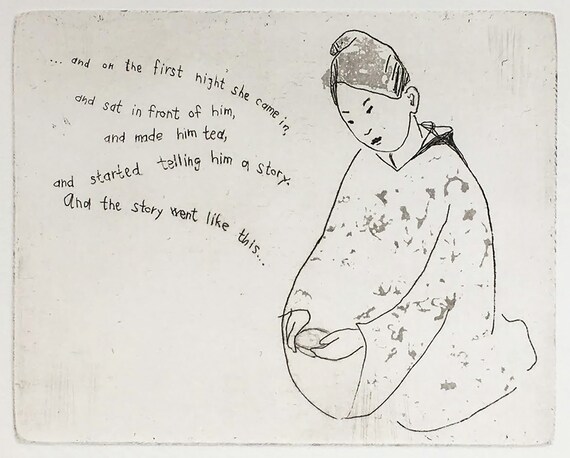 Original Fine Art Print Etching Story Teller Japanese Geisha Tea Ceremony Minimalist Line Drawing Art Decor