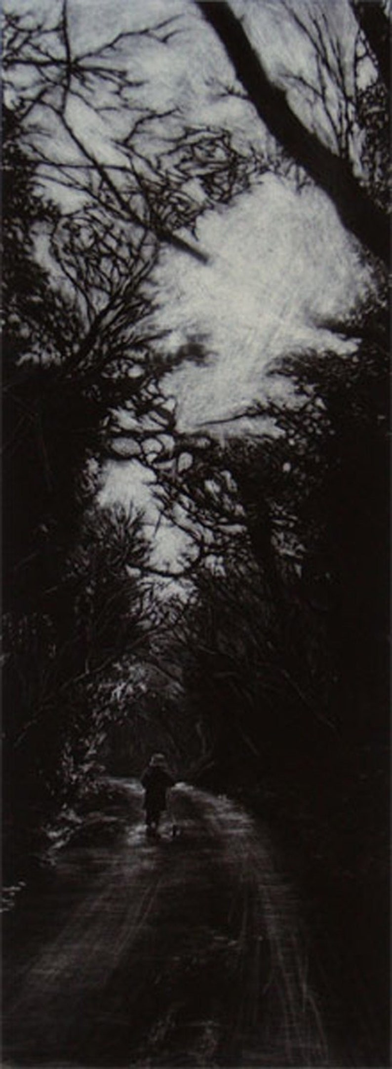 Original art print Through The Woods Mezzotint Little child with scooter walking through woods Landscape picture unframed or framed